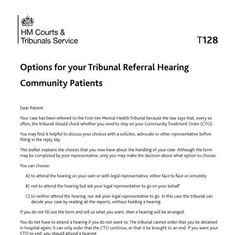 Document preview: Navigating the T128 Form for Mental Health Tribunal Attendance — Legal & justice