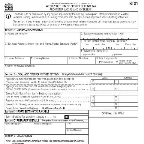 Document preview: Understanding Jamaica's Weekly Sports Betting Tax Return BT01 — Government & admin (CERFA n°bt01_19082016)