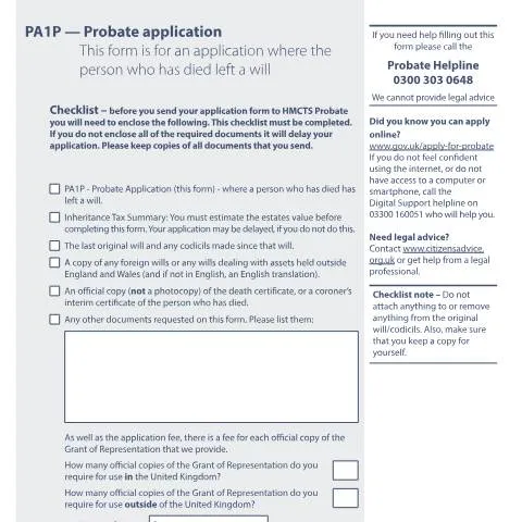 Document preview: How to Apply for Probate by Post Using Form PA1P — Government & admin