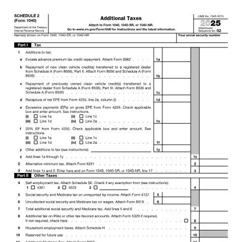 Document preview: The Importance of IRS Form 1040 Schedule 2 in Tax Reporting — Taxes (CERFA n°1040S2)