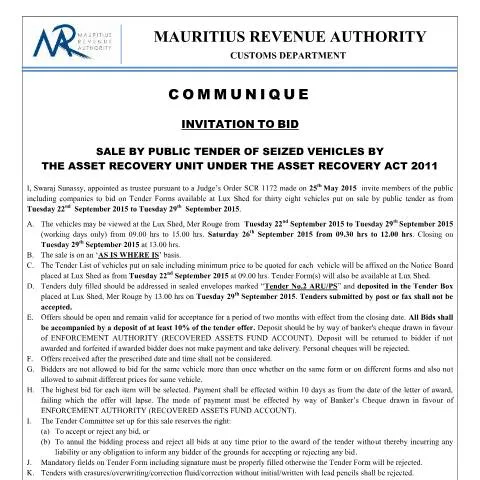 Document preview: Understanding the Public Tender for Seized Vehicles — Vehicle & driving (CERFA n°InvitationTobid170915)