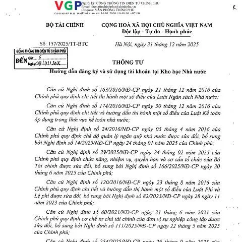 Document preview: Thông tư 157/2025/TT-BTC: Đăng Ký Tài Khoản KBNN — Thuế & tài chính (CERFA n°157/2025/TT-BTC)
