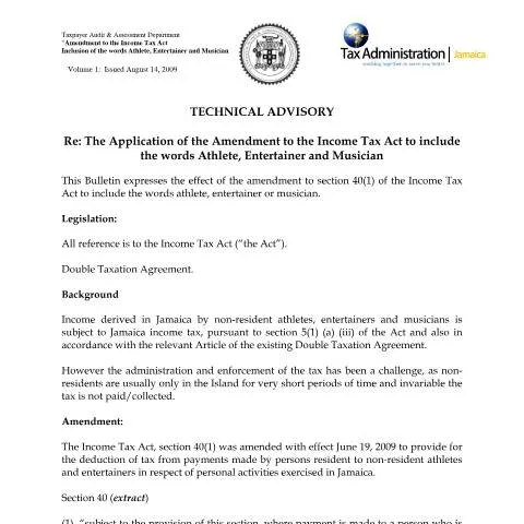 Document preview: Jamaica's 2009 Income Tax Amendment for Athletes, Entertainers, and — Taxes (CERFA n°2009.iroc.it+-application+of+the+amendment+to+income+tax+act-athlete+entertainer+and+musician)