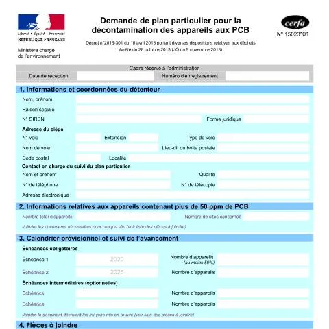 Aperçu du document Décontamination des PCB : obligations et procédures réglementaires — Démarches administratives (CERFA n°15023*01)