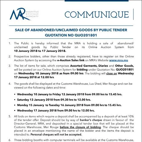 Document preview: Understanding the Auction of Unclaimed Goods in Mauritius — Government & admin (CERFA n°CommuniqueQ01of2018)