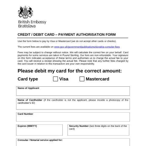 Document preview: Essential Guide to Slovakia Credit Card Authorisation Form — Government & admin