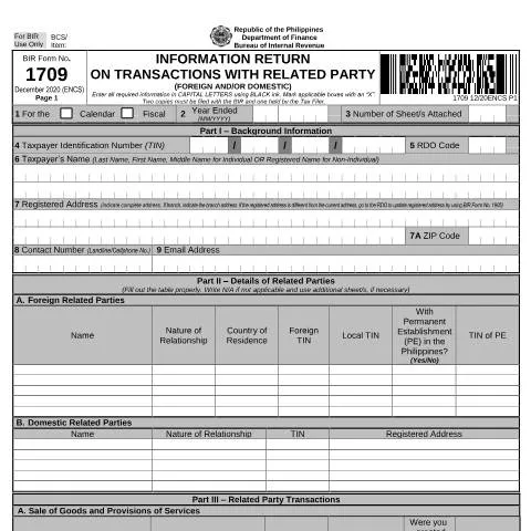 Document preview: Complying with BIR Form No. 1709 for Related Party Transactions — Taxes (CERFA n°1709)