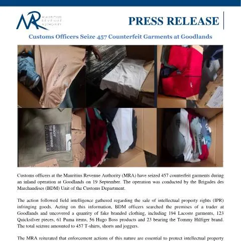 Document preview: Significant Customs Operation Against Counterfeit Goods in Mauritius — Government & admin (PRelGrmnts260925)