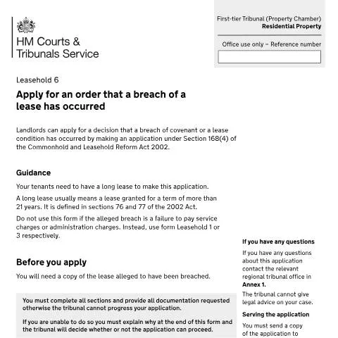 Document preview: How to Apply for Formal Lease Breach Determination Using Form 6 — Legal & justice