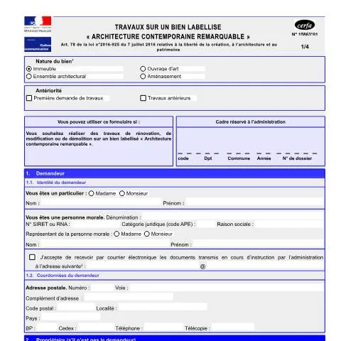 Aperçu du document Autorisations pour travaux sur bâtiments labellisés ACR — Démarches administratives (CERFA n°15863*01)