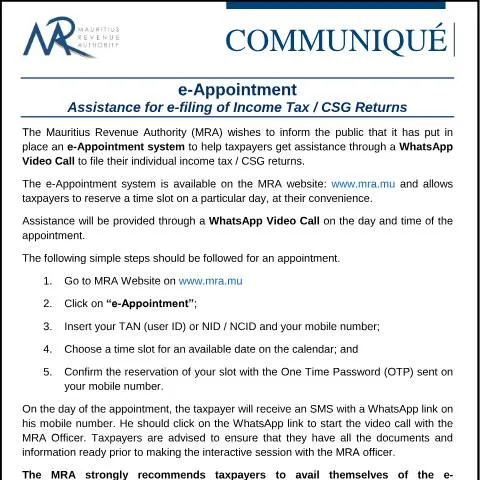 Document preview: Navigating Tax Compliance with e-Appointment Services — Taxes (eAppointmentCommunique)