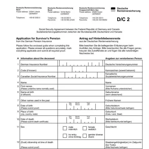 Dokumentvorschau: Antrag auf Hinterbliebenenrente , wichtige Informationen (Englisch) — Rente & Pension (A5226)