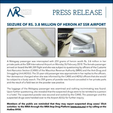 Document preview: Understanding the Impact of the Heroin Seizure at SSR Airport — Government & admin (PressRelease280218)