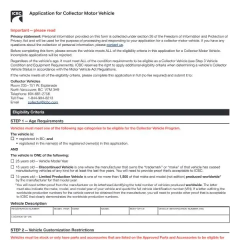 Document preview: Guide to Applying for Collector Motor Vehicle Registration in British — Vehicle & driving (MV1425)