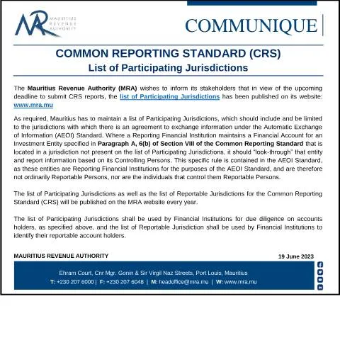 Document preview: Updated List of Participating Jurisdictions for CRS AEOI as of June — Government & admin (CERFA n°CommuniqueJurisdictions190623)