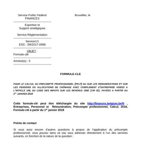 Aperçu du document Comprendre la Formule-clé pour le précompte professionnel en Belgique — Impôts & fiscalité (CERFA n°700-formule-cle-20180101)
