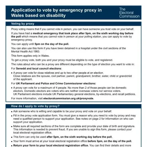 Document preview: How to Use Emergency Proxy Voting in Wales for Disabled Voters — Government & admin (EP-DIS-W)