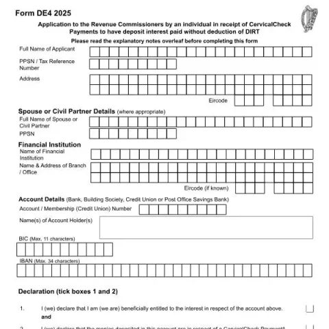 Document preview: Apply for DIRT Exemption on Deposit Interest with Form DE4 — Taxes (Form DE4)