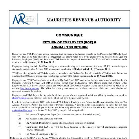Document preview: Navigating ROE and Annual TDS Returns in Mauritius — Taxes (ROECommunique150715)