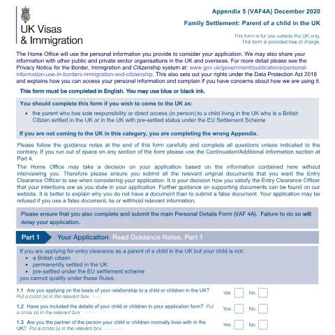 Document preview: Parent Settlement Route: Reuniting with Your Child in the UK — Family