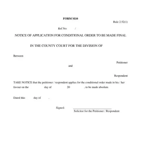 Document preview: Understanding Form M10: Final Conditional Order Application — Legal & justice (Form M10)