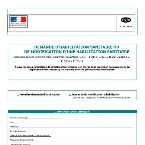 Aperçu du document Demande d'habilitation sanitaire vétérinaire : votre passerelle — Démarches administratives (CERFA n°16105*01)