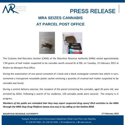 Document preview: Insight into MRA's Cannabis Seizure Actions — Government & admin (CERFA n°PressRelease170222)