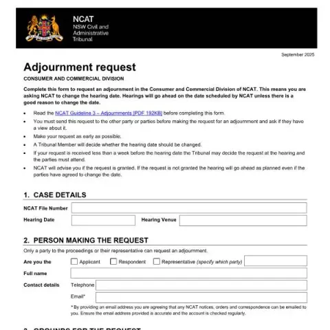 Document preview: How to Request an Adjournment at NCAT Consumer and Commercial Division — Legal & justice
