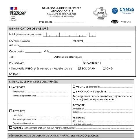 Aperçu du document Demande d'aide médico-sociale CNMSS : procédure et conditions — Santé (CERFA n°13343*11)
