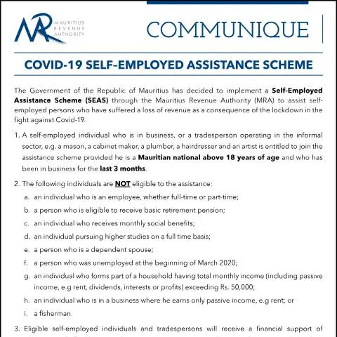 Document preview: Mauritius COVID-19 Self-Employed Assistance Scheme Overview — Work & employment (CERFA n°CommuniqueSEAS310320)