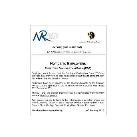 Document preview: Overview of the 2012 Employee Declaration Form Notice in Mauritius — Government & admin (CommuniqueEDF2012)