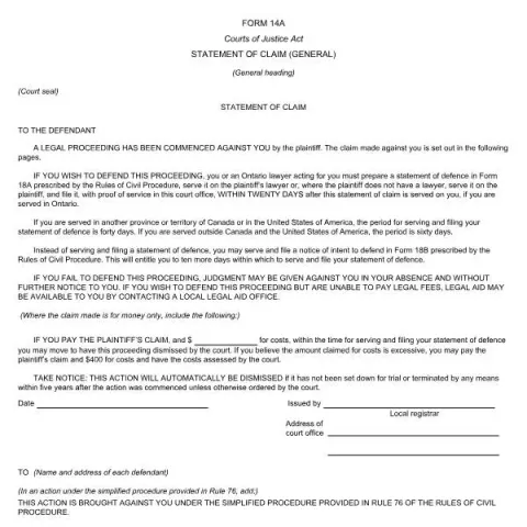 Document preview: Understanding the Statement of Claim (General) Form in Ontario Civil — Legal & justice (RCP-14A-E)