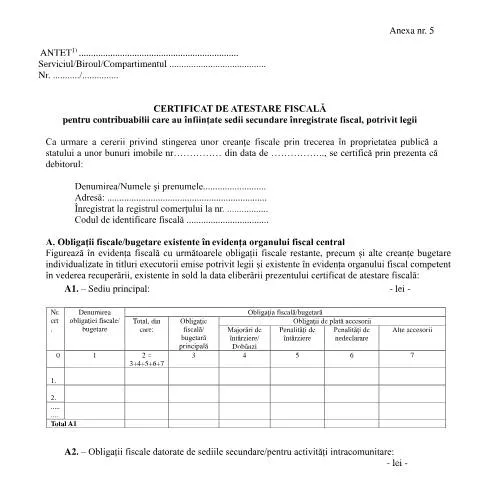 Document preview: Importanța certificatului de atestare fiscală pentru sedii secundare — Impozite & fiscalitate (CERFA n°A5_OPANAF_6942_2024)