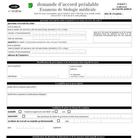 Aperçu du document Autorisation préalable pour examens de biologie médicale spécialisés — Santé (CERFA n°10128*04)