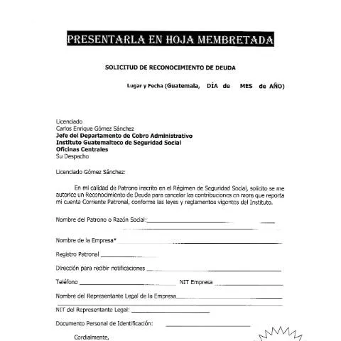 Vista previa del documento Solicitud de Reconocimiento de Deuda ante el IGSS — Trámites administrativos