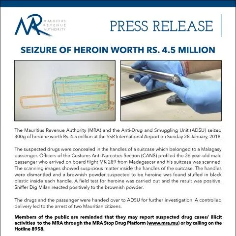 Document preview: Significant Heroin Seizure Highlights Drug Trafficking Challenges — Government & admin (CERFA n°PressRelease290118)
