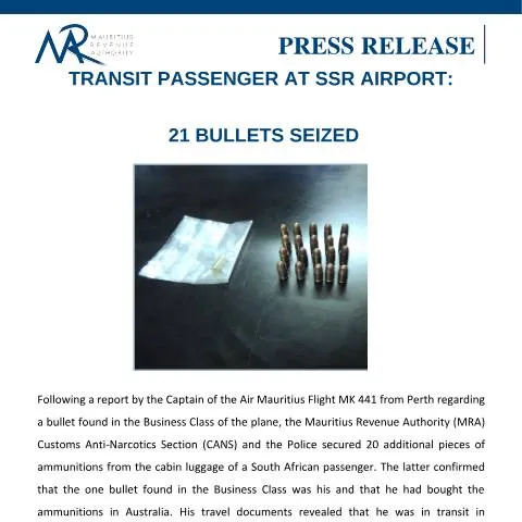 Document preview: SSR Airport Incident: 21 Bullets Seized from South African Passenger — Government & admin (PressReleaseAmmunitions160718)