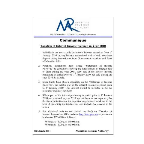 Document preview: Mauritius 2010 Interest Income Taxation Overview — Taxes (CommuniqueTaxationInterest)