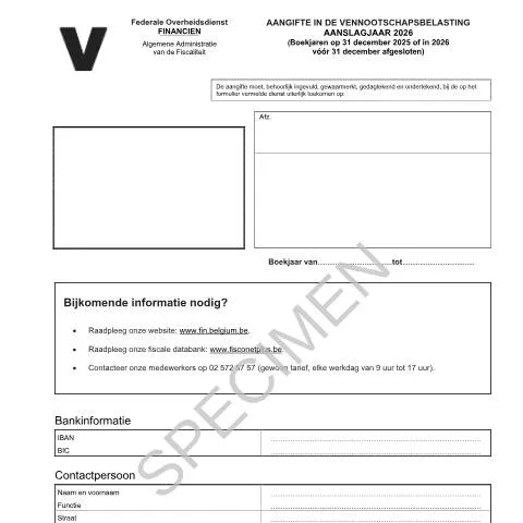 Aperçu du document Comprendre l'Aangifte en vennootschapsbelasting pour 2026 — Impôts & fiscalité (CERFA n°121-aangifte-venb-2026)
