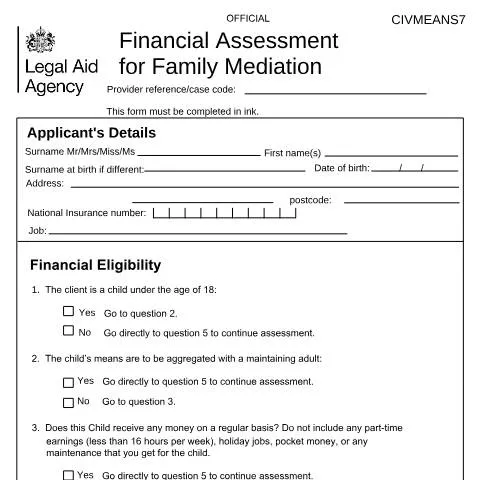 Document preview: Understanding CIV MEANS 7: Financial Assessment for Family Mediation — Legal & justice