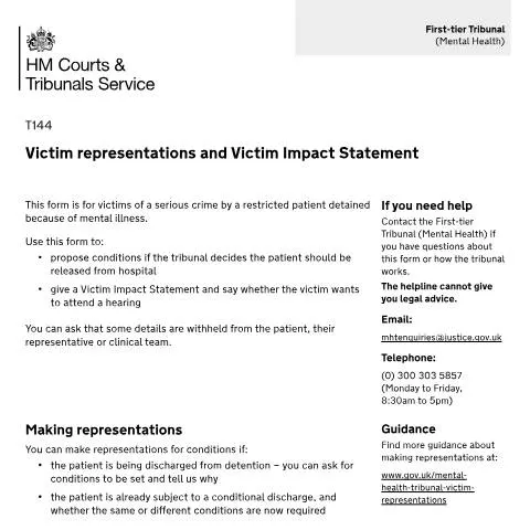 Document preview: Understanding Victim Impact Statements and Form T144 in UK tribunals — Legal & justice