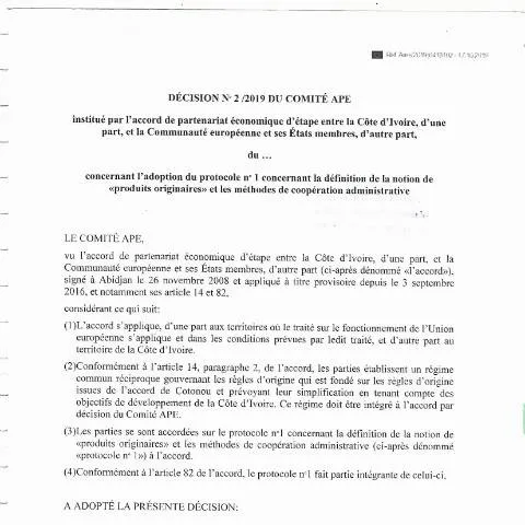 Aperçu du document Décision N 2 2019 du comité APE Côte d'Ivoire et UE — Démarches administratives