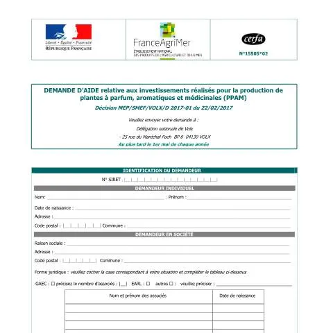 Aperçu du document Demande d'aide aux investissements pour producteurs PPAM — Démarches administratives (CERFA n°15505*01)