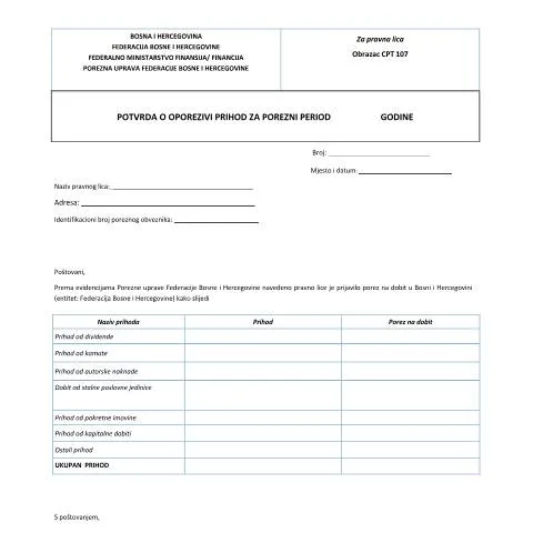 Document preview: Sve o Obrazcu CPT-107: POTVRDA O OPOREZIVI PRIHOD — Porezi i fiskalnost (CERFA n°Obrazac CPT-107)