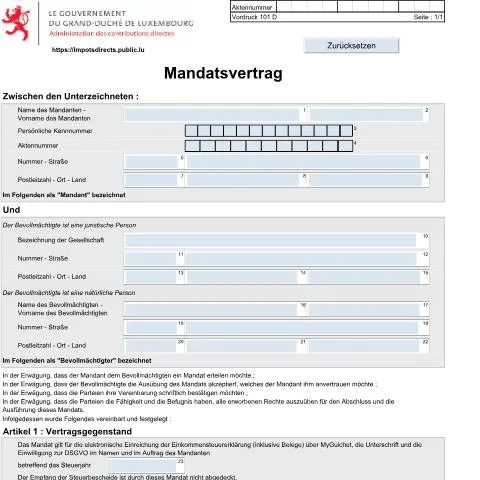 Aperçu du document Comprendre le Mandatsvertrag 101 D pour votre impôt sur le revenu — Impôts & fiscalité (CERFA n°101 D)