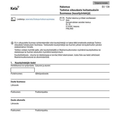 Document preview: Kausityöntekijöiden hoitoetuuksien hakuprosessi Suomessa — Terveys (CERFA n°Kela SV 139)