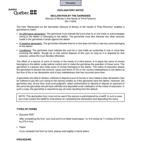 Document preview: Understanding the Declaration by the Garnishee Form in Québec — Legal & justice (SJ-1120A)