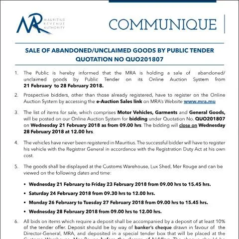 Document preview: Essential Guide to Bidding on Abandoned Goods in Mauritius — Government & admin (CERFA n°CommuniqueQ07of2018)