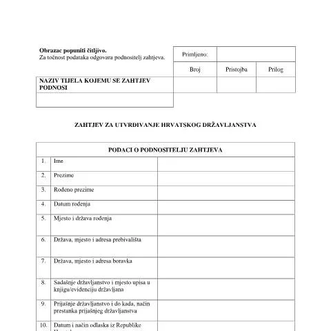 Document preview: Kako podnijeti zahtjev za hrvatsko državljanstvo? — Osobni podaci i identitet (CERFA n°Zahtjev za utvrđivanje hrvatskog državlj)