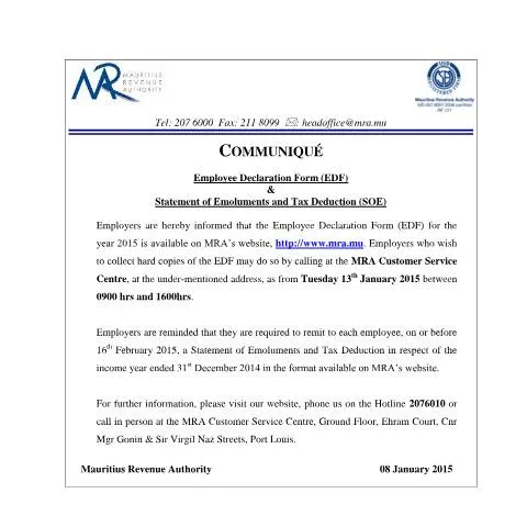 Document preview: Navigating the Employee Declaration Form (EDF) and SOE in Mauritius — Taxes (EDFCommunique120114)